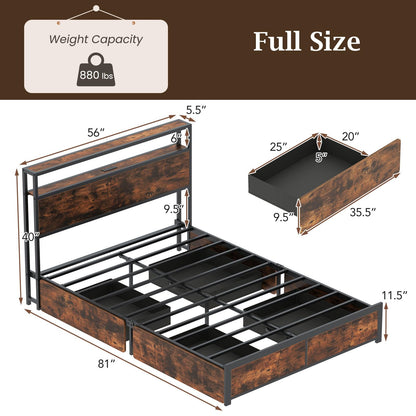 Goflame Queen/Full Size LED Bed Frame with Charging Station & 4 Storage Drawers