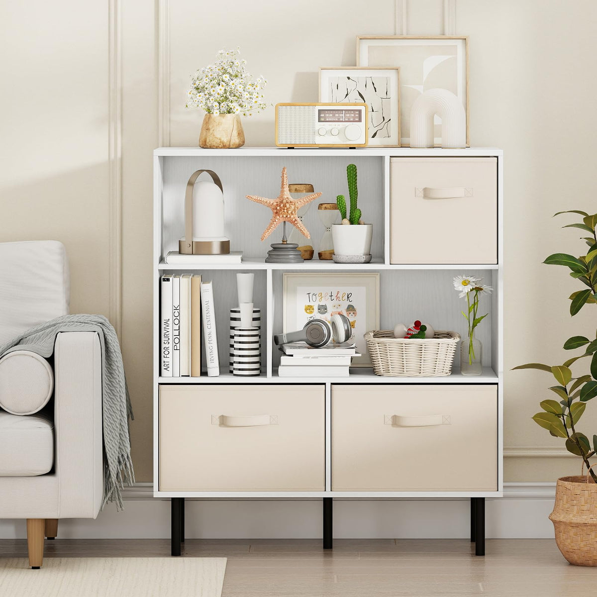 Goflame 6-Cube Bookshelf 3-Tier White Bookcase