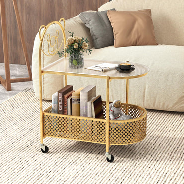 Goflame Mobile Glass Coffee Table, 2-Tier Modern Cocktail Table with Bear Pattern, Storage Basket & Metal Frame