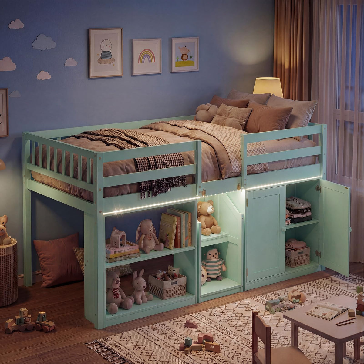 Goflame Low Loft Bed Twin Size with LED Lights, Wooden Bed Frame