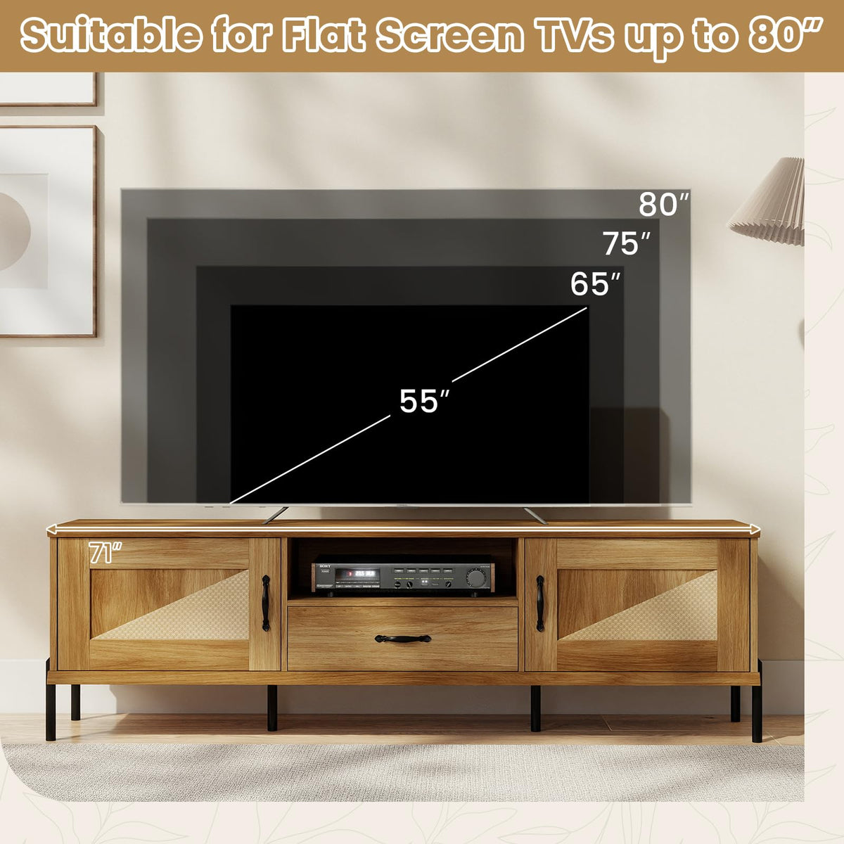 Goflame Mid Century Modern Rattan TV Stand for TVs up to 80" w/ 2 Storage Cabinets