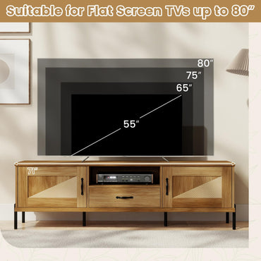 Goflame Mid Century Modern Rattan TV Stand for TVs up to 80" w/ 2 Storage Cabinets