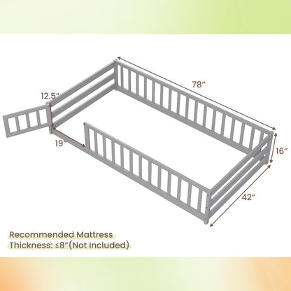 Goflame Twin Floor Bed with Door & Fence, Kids Wood Montessori Bed with Safety Guardrails