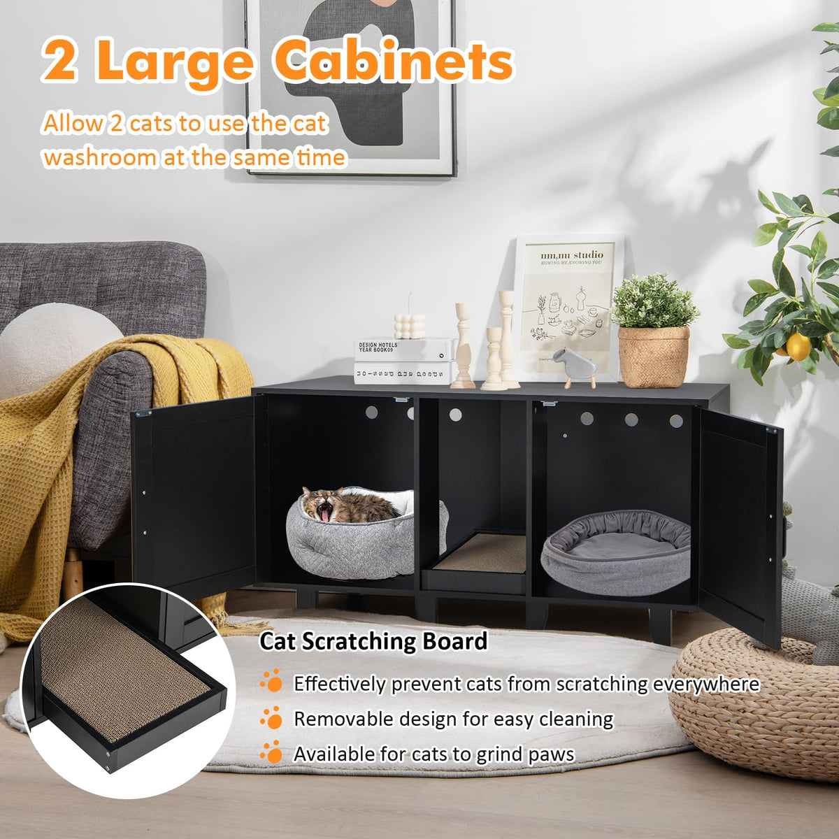 Goflame Cat Litter Box Enclosure - Cat Washroom Hidden Furniture with 2 Storage Cabinets