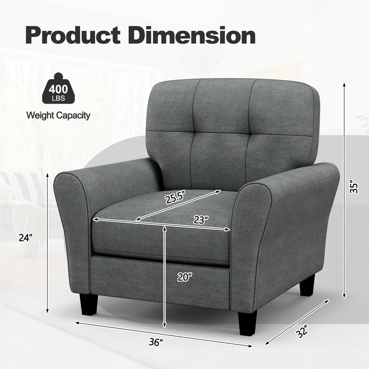 Goflame Modern Mid-Century Accent Chair - Linen Living Room Chair with Tufted Back, Grey