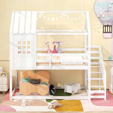 Goflame Twin Bunk Beds with Stairs, Floor House Bed with Roof & Window