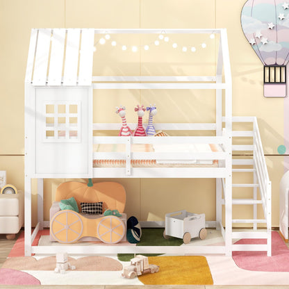 Goflame Twin Bunk Beds with Stairs, Floor House Bed with Roof & Window