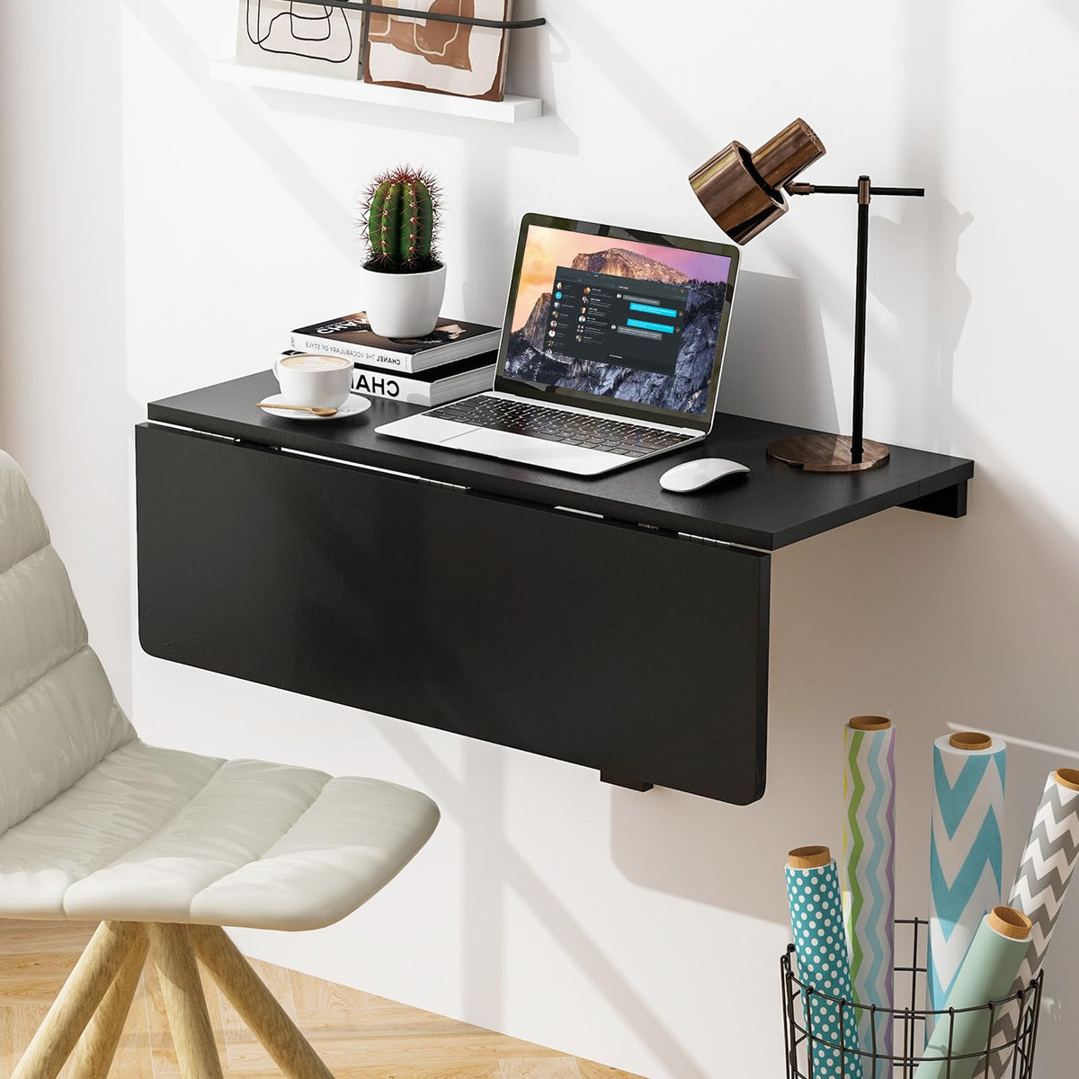 Goflame Wall Mounted Folding Table, 31.5" x 23.5" Wood Murphy Desk Drop-Leaf Table