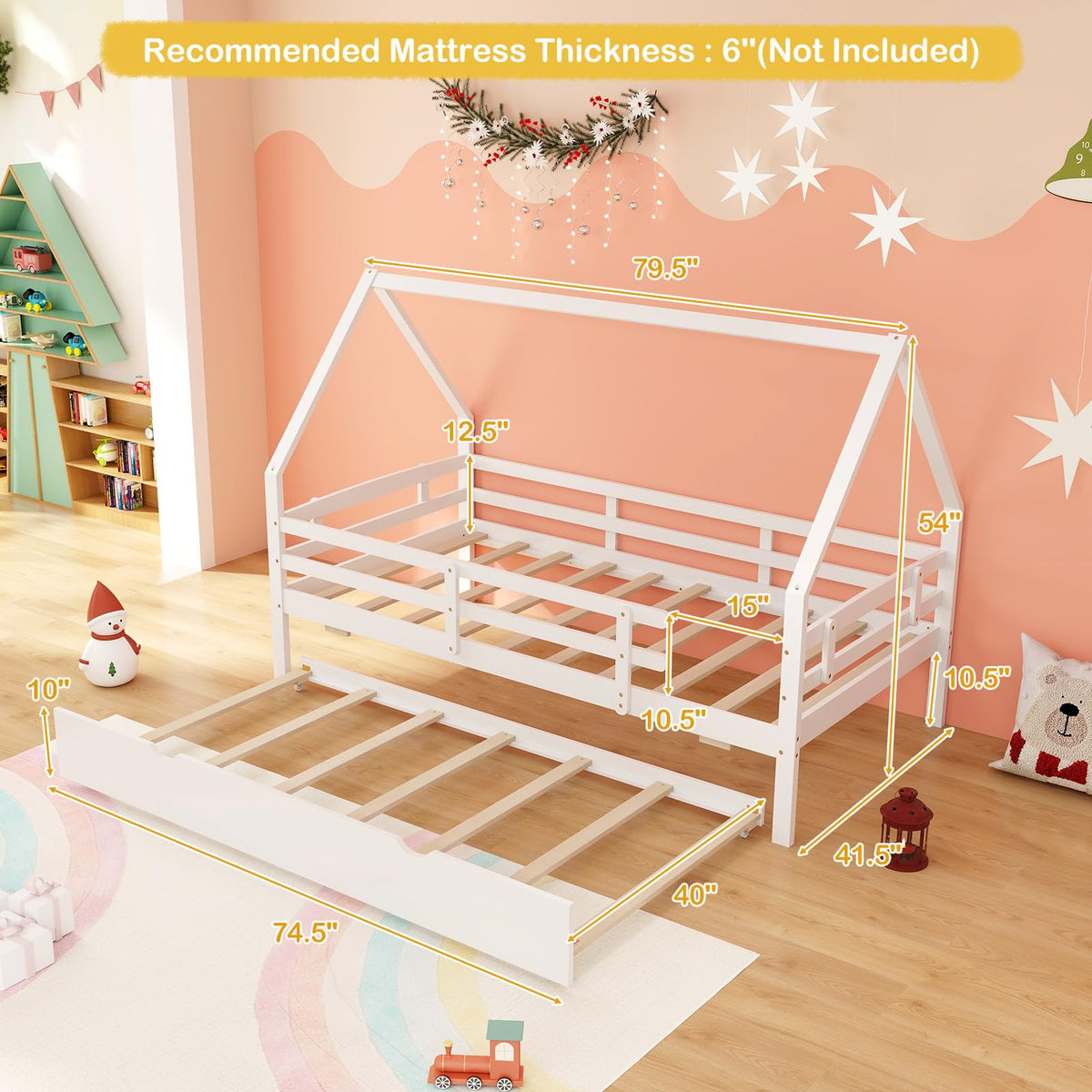 Goflame Twin House Bed with Trundle, Wood Kids Bed Frame with Roof & Fence Rails