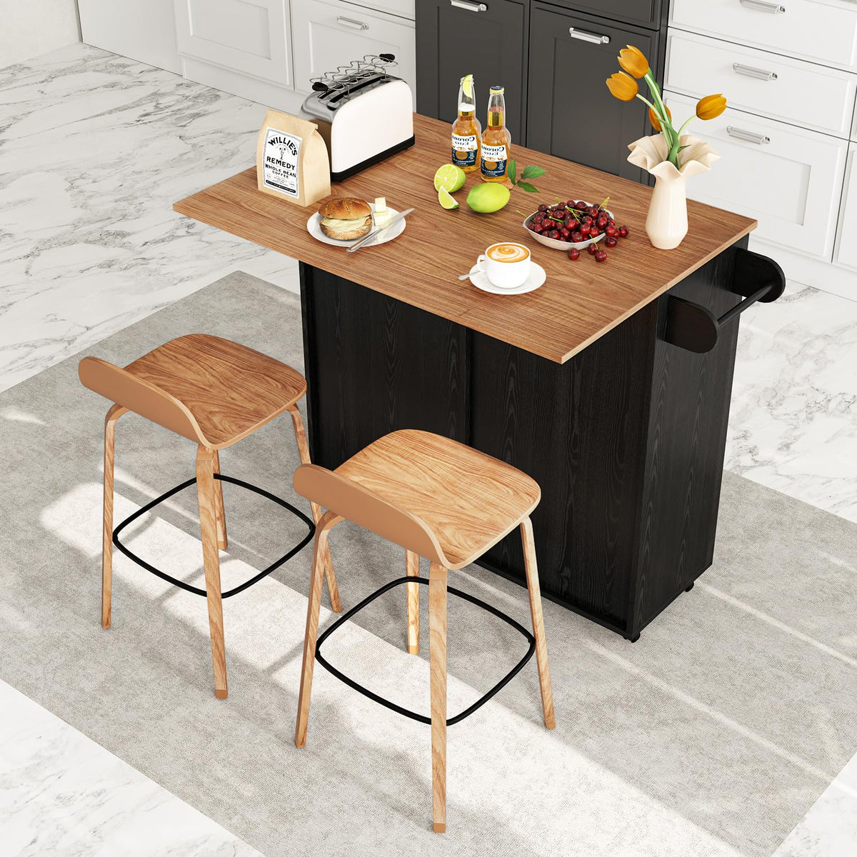 Goflame Kitchen Island Cart with Hidden Tilt Out Trash Can Cabinet, Drop Leaf, 2 Drawers, Towel Rack