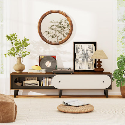 Goflame TV Stand for 80 Inch TVs Mid Century Modern Entertainment Center with Sliding Door Cabinet