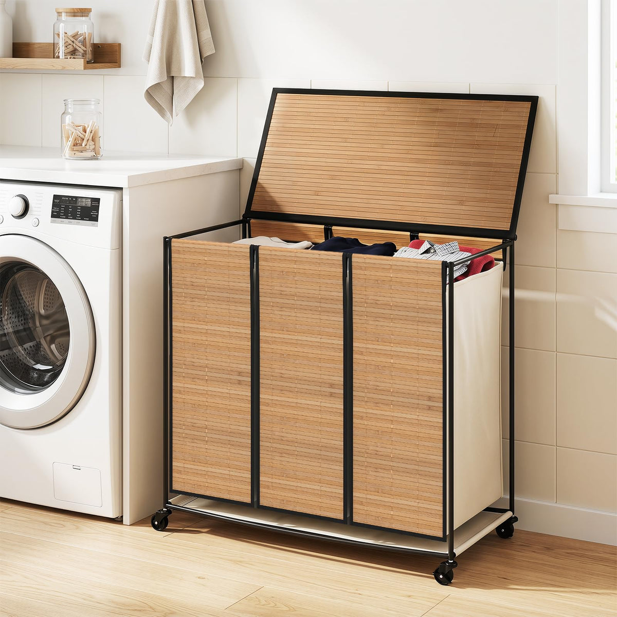 Goflame Laundry Hamper Sorter 3 Section with Lid