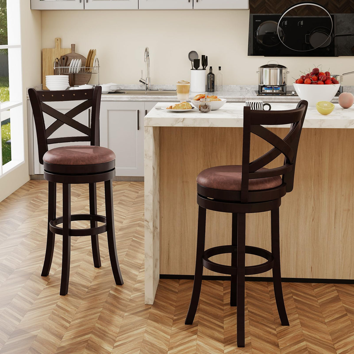Goflame 30" Swivel Bar Stools with Footrest & Rubber Wood Frame