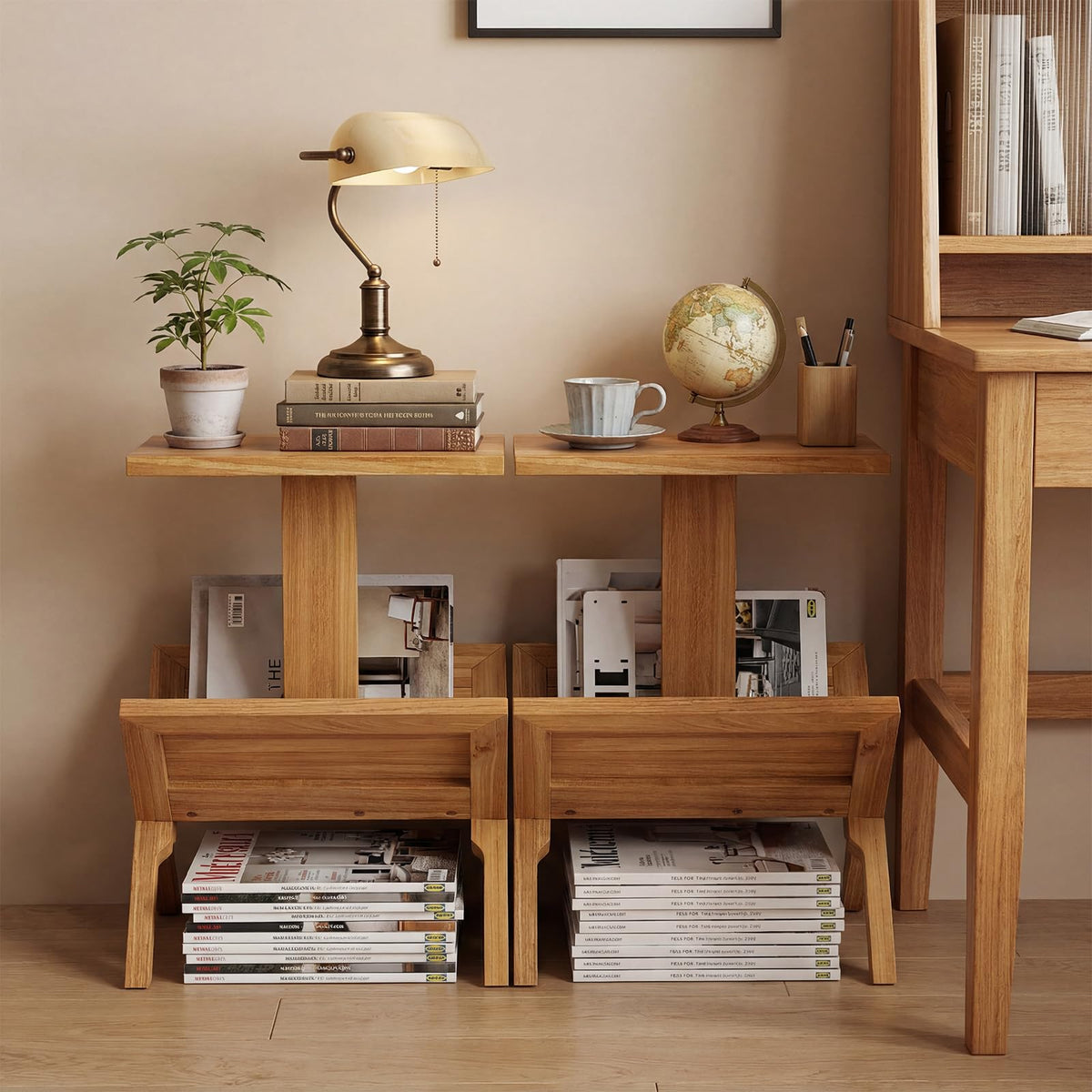 Goflame Side Table Teak Wood Set of 1/2 2-Tier Sofa Couch End Table