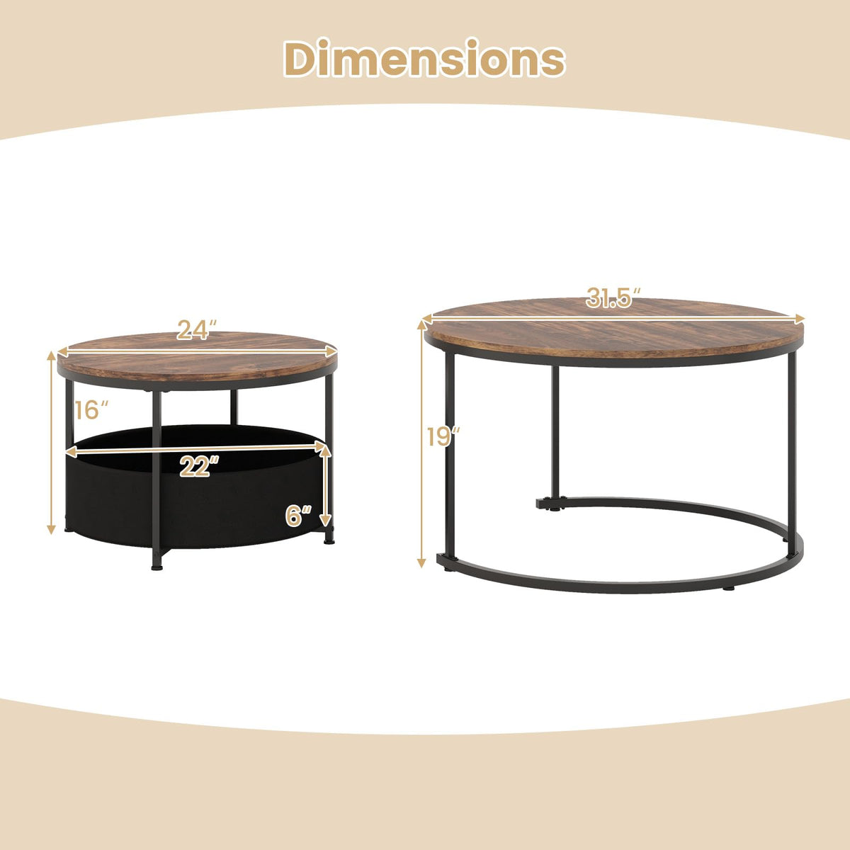 Goflame 31.5" Round Coffee Table with Removable Fabric Basket & Metal Frame