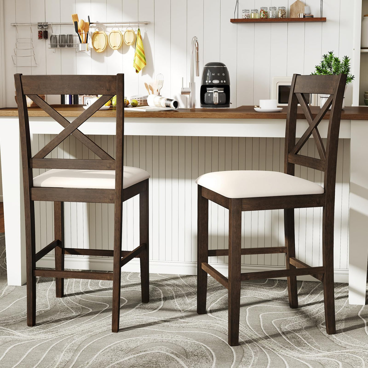 Goflame 24" Farmhouse Bar Stools | Cross Back Counter Height Chairs with Padded Linen Upholstered Seat (2/4)