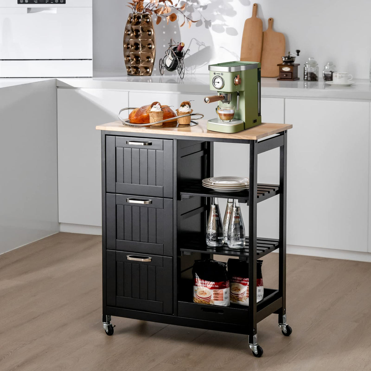 Goflame Kitchen Island Cart with Storage, Bar Serving Cart on Wheels with 3 Deep Drawers