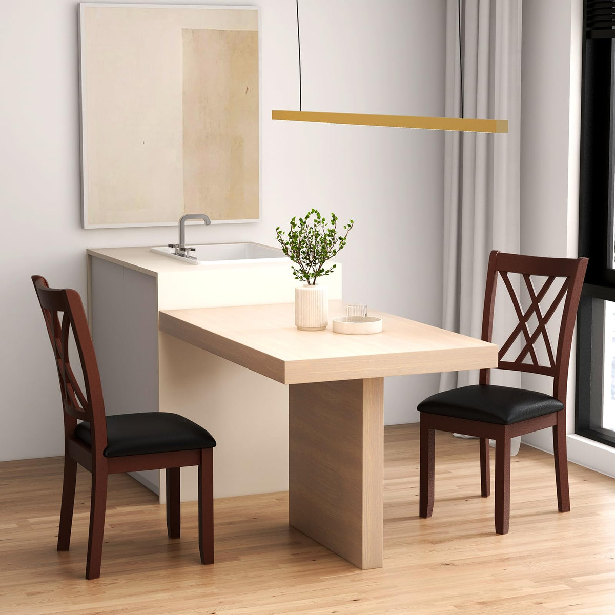 Goflame Wood Dining Chairs Set of 2, Faux Leather Upholstered Kitchen Chairs with Rubber Wood Legs