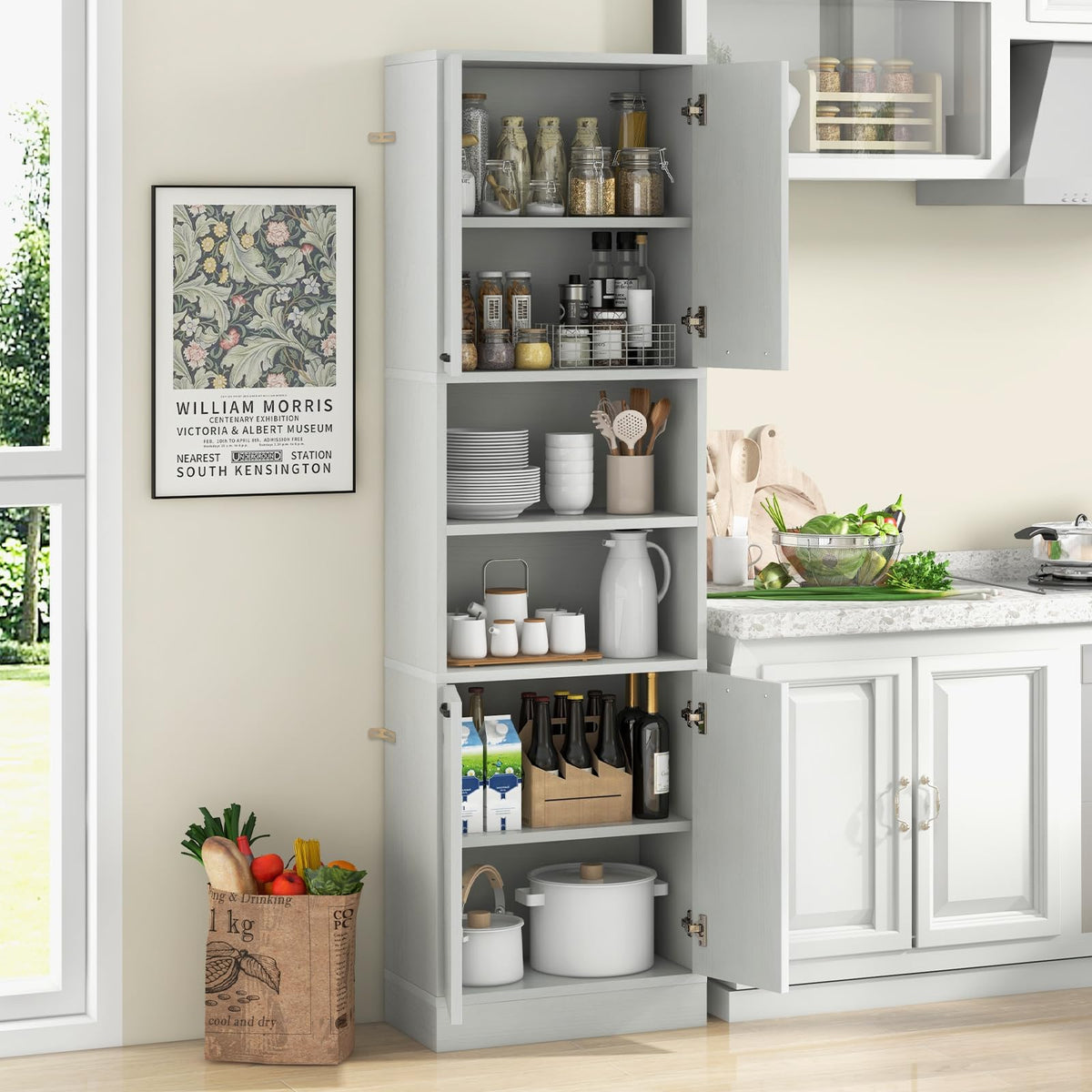 Goflame Kitchen Pantry Cabinet, 75” Tall Freestanding Cupboard with Doors & Shelves