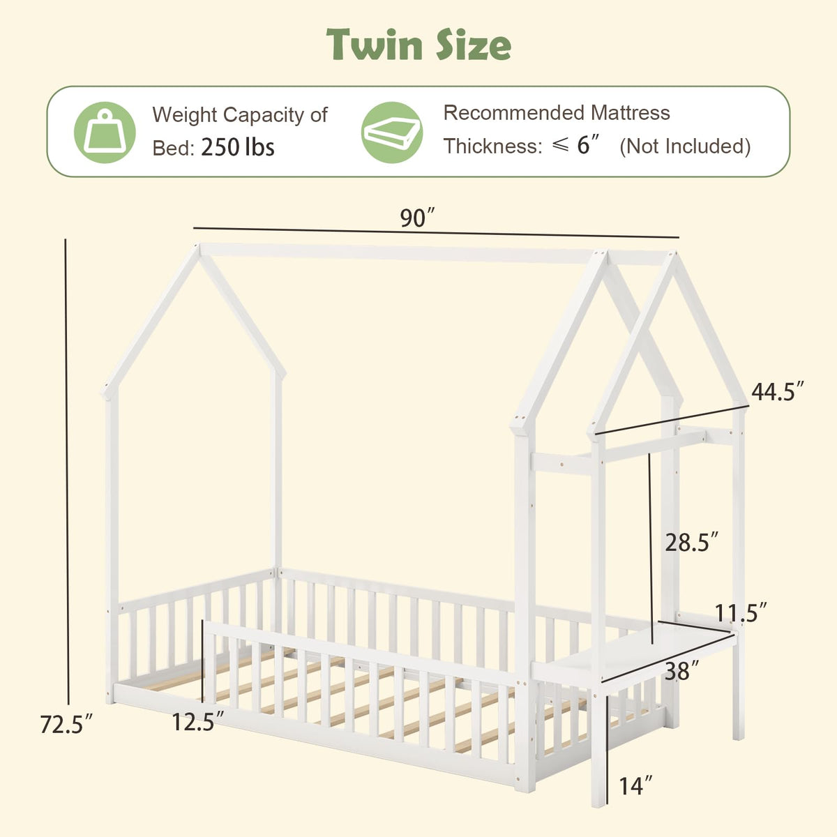 Goflame Twin House Floor Bed, Solid Wood Montessori Floor Bed with Detachable Storage Shelf & Clothes Hanger