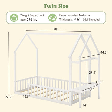 Goflame Twin House Floor Bed, Solid Wood Montessori Floor Bed with Detachable Storage Shelf & Clothes Hanger