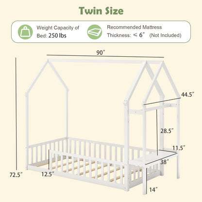 Goflame Twin House Floor Bed, Solid Wood Montessori Floor Bed with Detachable Storage Shelf & Clothes Hanger