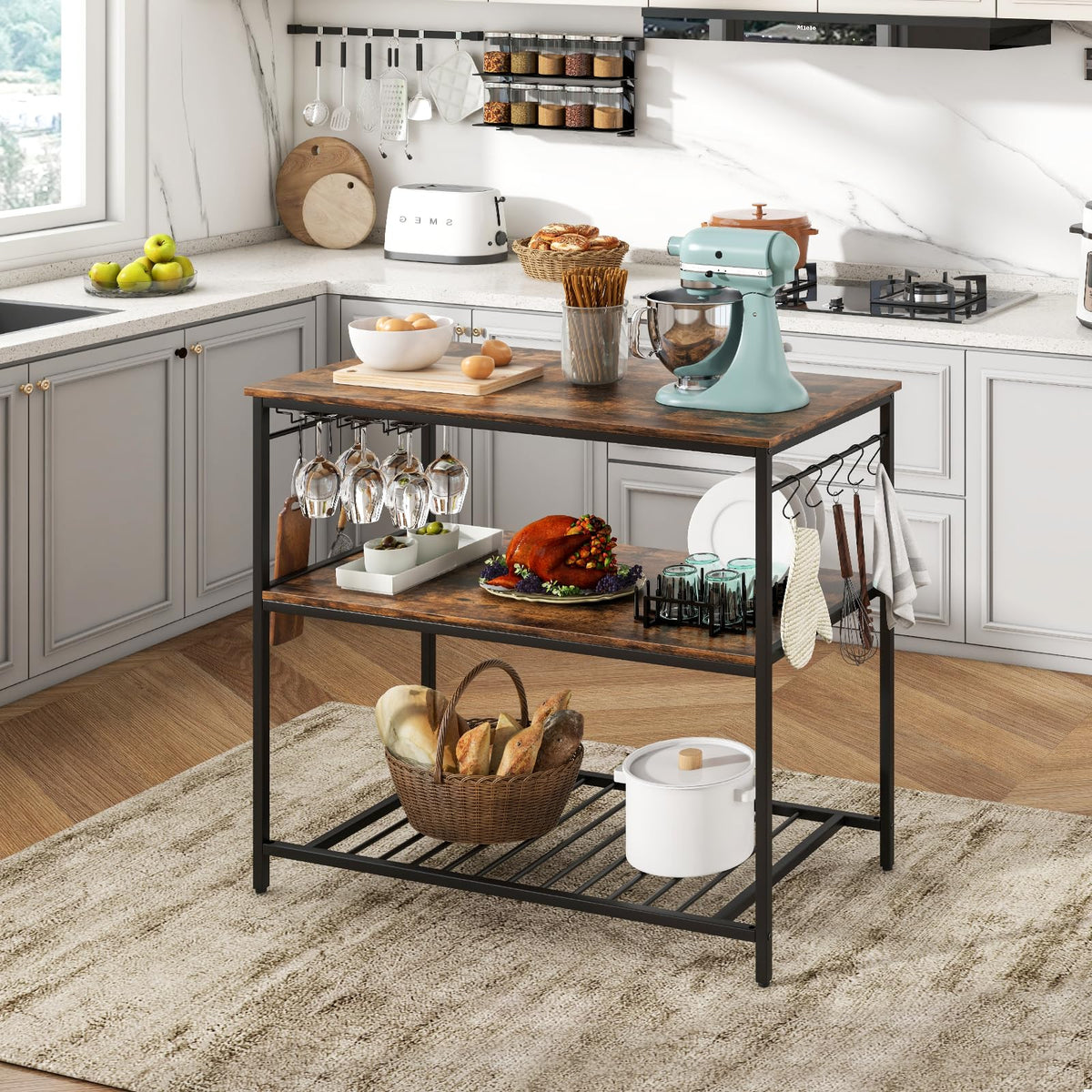 Goflame Kitchen Baker Rack with 3 Tier Storage Shelves, 10 Hooks, Glass Holder, 40" Stationary Island with Spacious Worktop