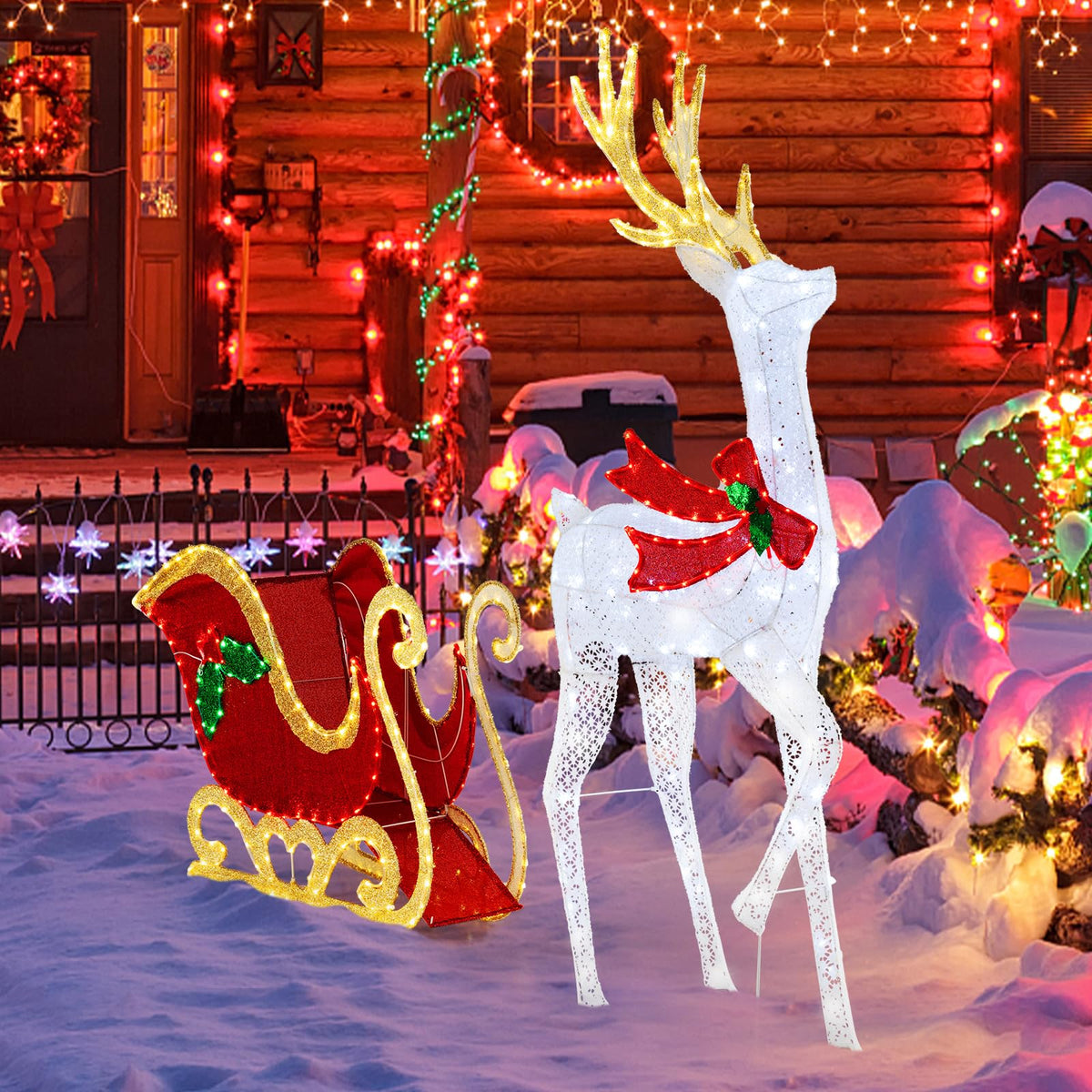 Goflame Lighted Christmas Reindeer & Sleigh Set, Light-up Xmas Decorations with 462 LED Lights