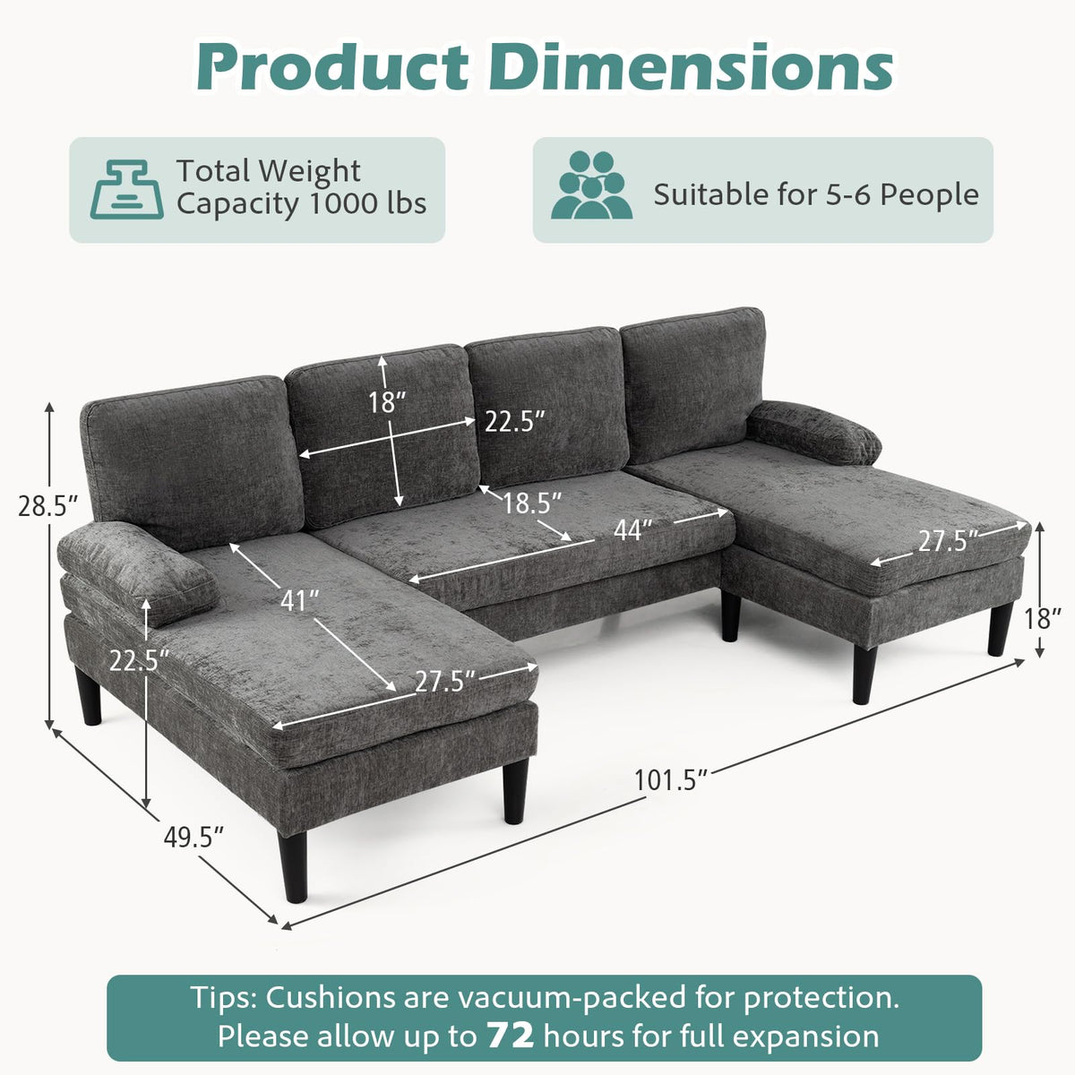 Goflame Sectional Couch for Living Room U-Shaped Sofa