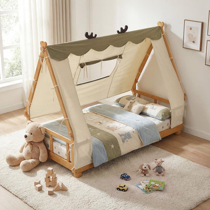 Goflame Twin Size House Floor Wood Bed with Tent