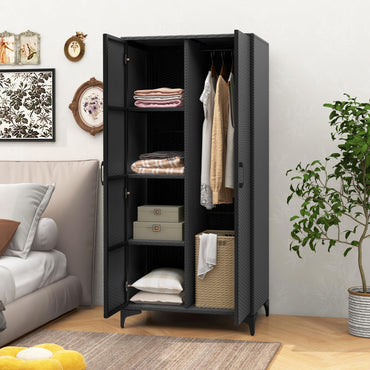 Goflame Wicker Storage Cabinet, 62” Tall Pantry Cabinet with 2 Doors, Hanging Rod, 4 Storage Cubes