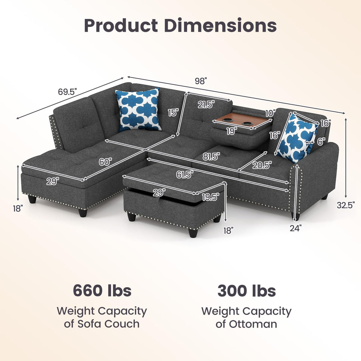 Goflame 98 Inches Sectional Sofa Couch with Movable Storage Ottoman and Linen Fabric Backs
