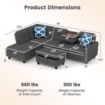 Goflame 98 Inches Sectional Sofa Couch with Movable Storage Ottoman and Linen Fabric Backs