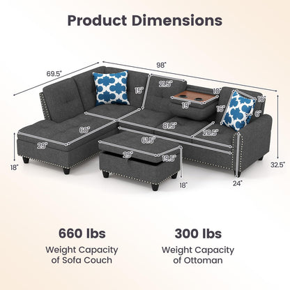 Goflame 98 Inches Sectional Sofa Couch with Movable Storage Ottoman and Linen Fabric Backs