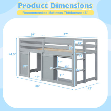 Goflame Wooden Low Kids Loft Bed with LED Lights and 2 Doors