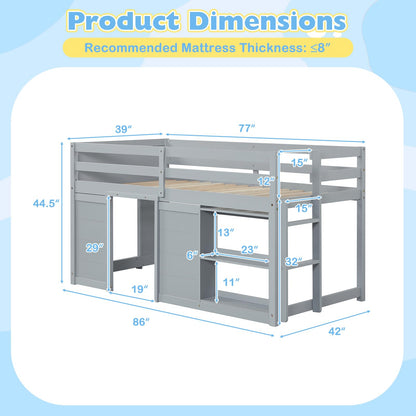Goflame Wooden Low Kids Loft Bed with LED Lights and 2 Doors