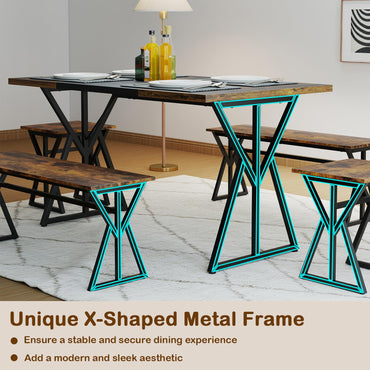 Goflame 55" Kitchen Table with 2 Benches & 2 Stools with X-Shaped Metal Frame