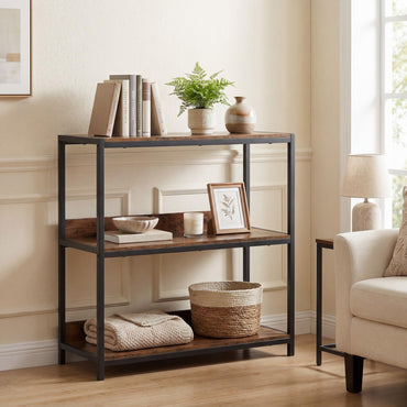 Goflame Industrial 3-Tier Small Bookshelf with Wooden Shelves and Metal Frame