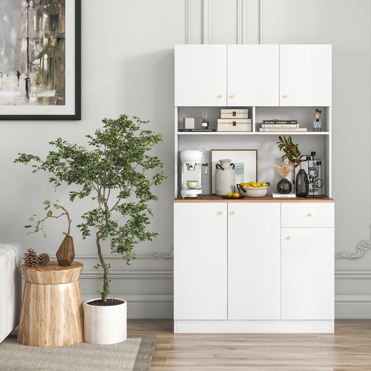 Goflame Kitchen Pantry Cabinet, 71” Tall Buffet Cabinet with Hutch, Built-in Power Outlet