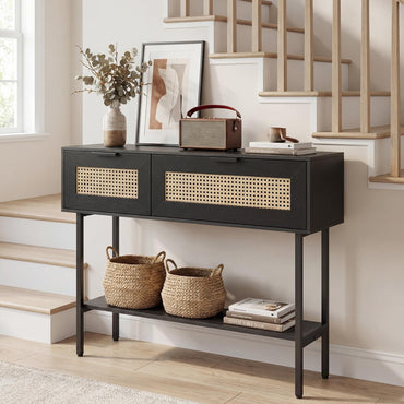 Goflame Rattan Console Table Boho Entryway Table with 2 Storage Cabinets