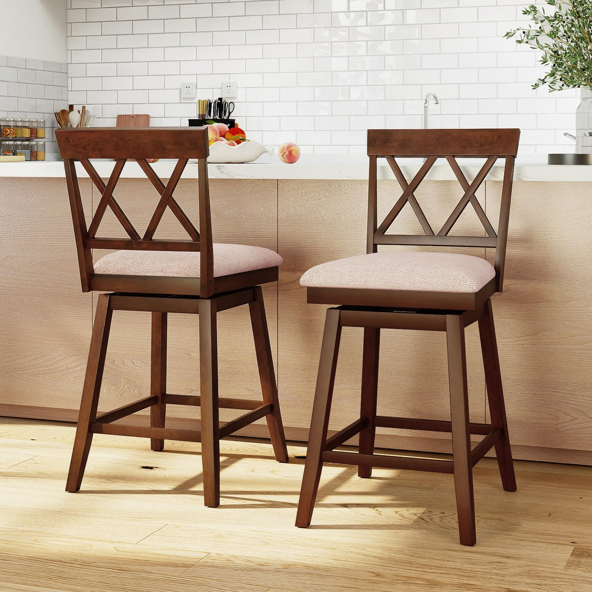 Goflame Counter Height Bar Stool with Crossed Backs and Rubber Wood Legs