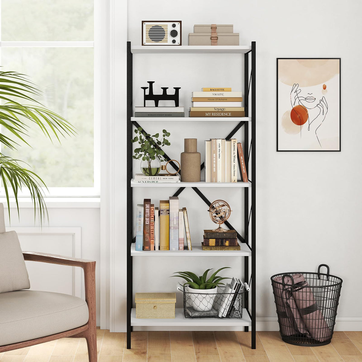 Goflame 5-Tier Tall Industrial Bookcase with Heavy-Duty Metal Frame (1/2)