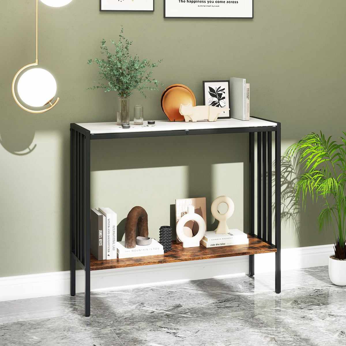 Goflame 2 Tier Industrial Entryway Table with Sintered Stone Tabletop and Open Shelf