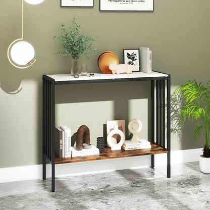 Goflame 2 Tier Industrial Entryway Table with Sintered Stone Tabletop and Open Shelf