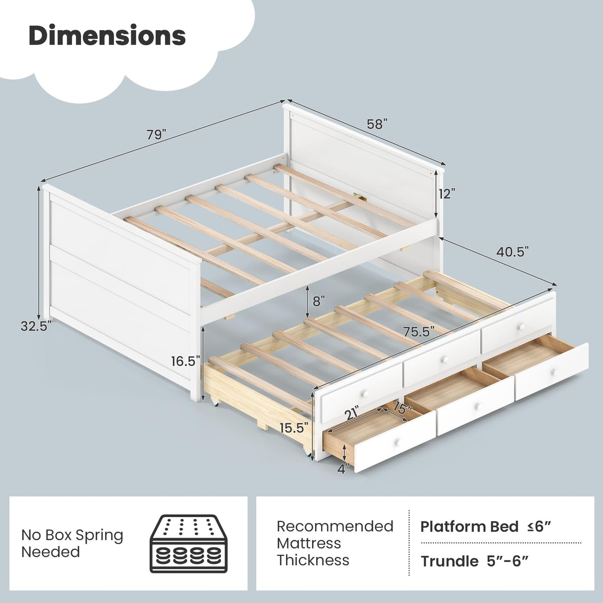 Goflame Full Size Bed Frame with Twin Trundle & 3 Storage Drawers