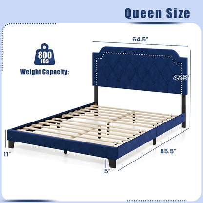 Goflame Velvet Queen Size Bed Frame, Upholstered Platform Bed with Button Tufted & Nailhead Trim Headboard