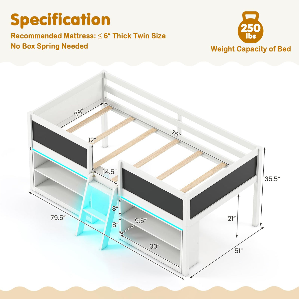 Goflame Low Loft Bed with Storage 2 Bookcases and Play Space