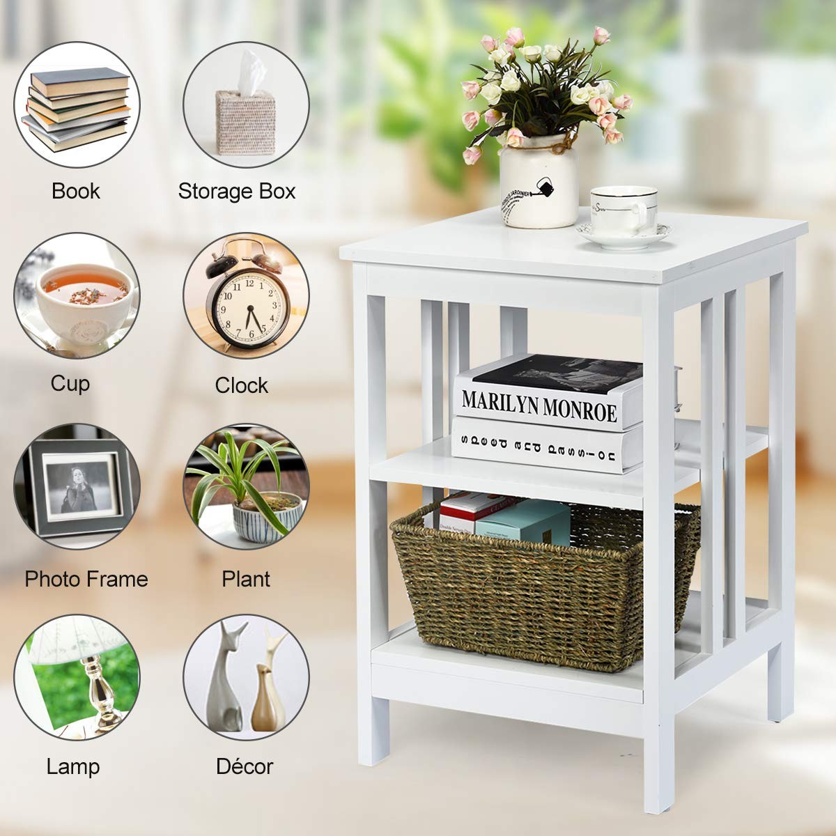 Goflame Nightstand 3-Tier Sofa Side Table W/Reinforced Bars and Stable Structure