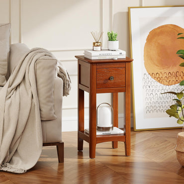 Goflame Narrow End Table with Drawer 23.5" H Side Table w/Open Storage Shelf & Solid Wood Frame