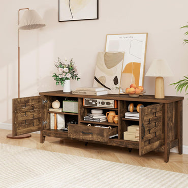 Goflame Farmhouse TV Stand for 65 Inch TVs 59" Wood Entertainment Center with 2 Woven Accent Doors